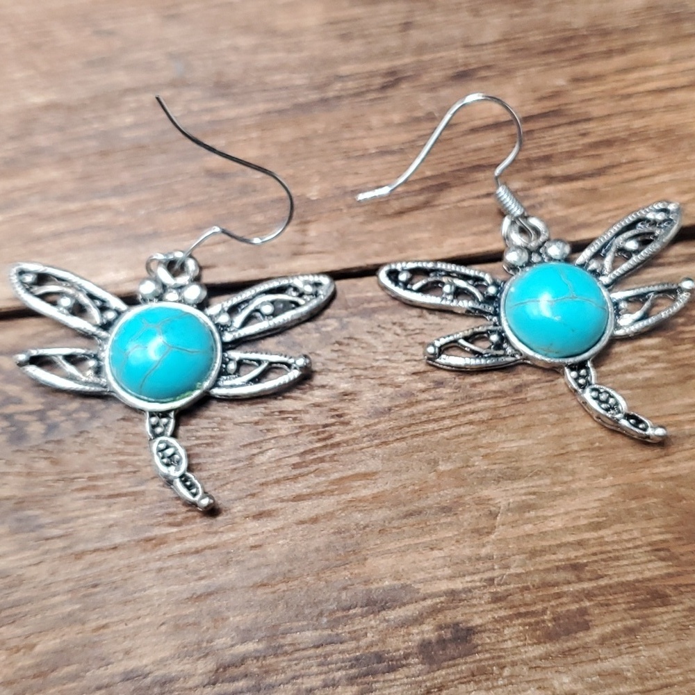 E334 dragon fly turquoise earrings